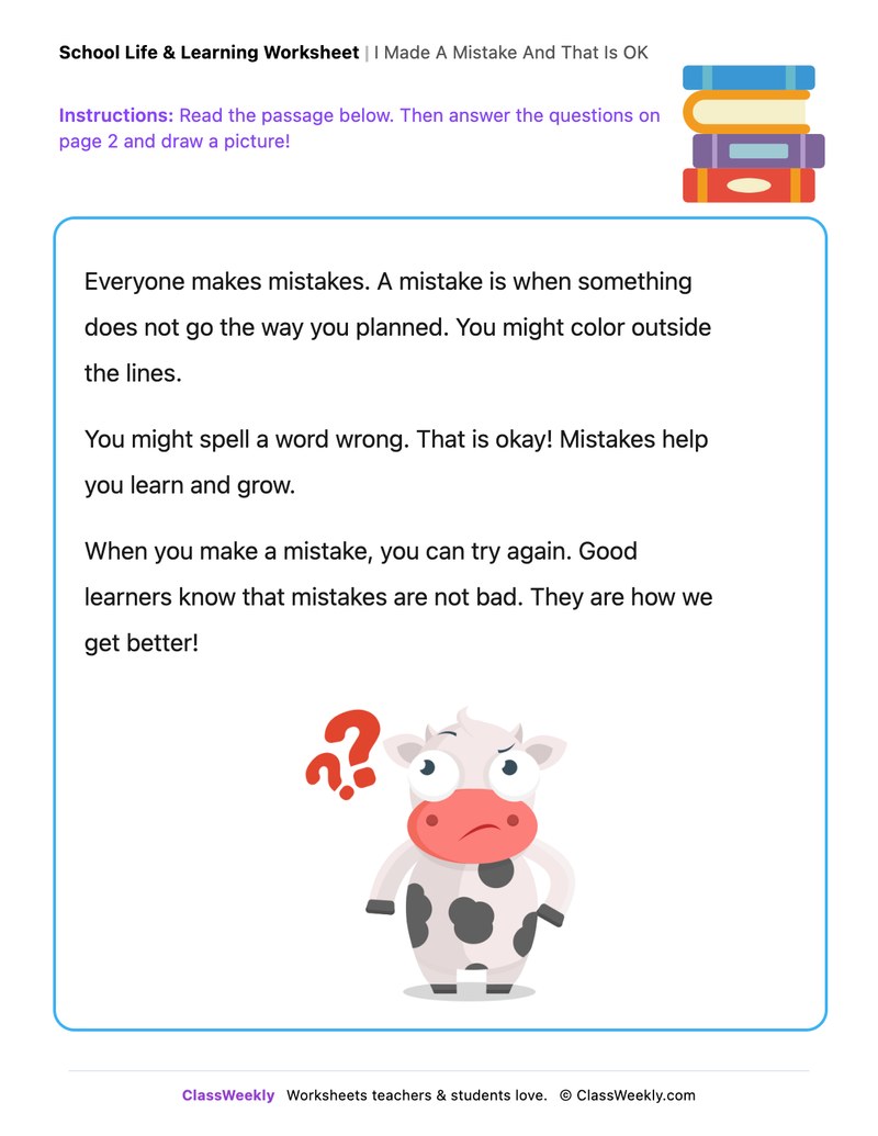 I Made A Mistake And That Is OK - Draw & Write Worksheet - Page 1