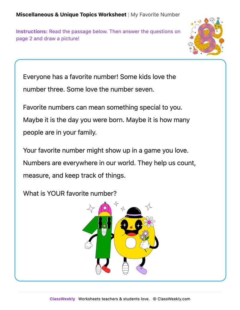 My Favorite Number - Draw & Write Worksheet - Page 1