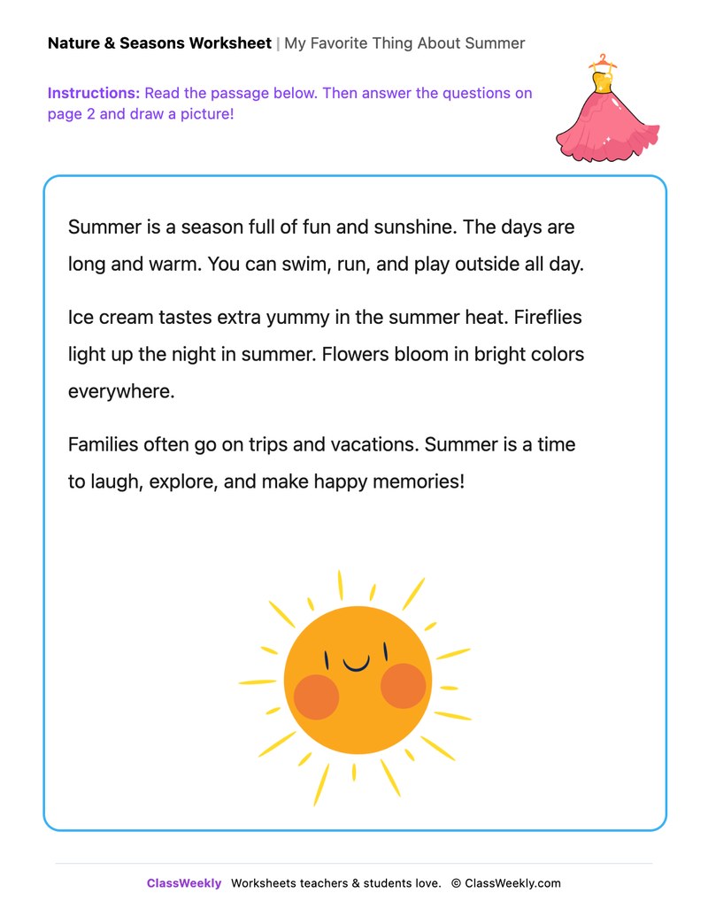 My Favorite Thing About Summer - Draw & Write Worksheet - Page 1