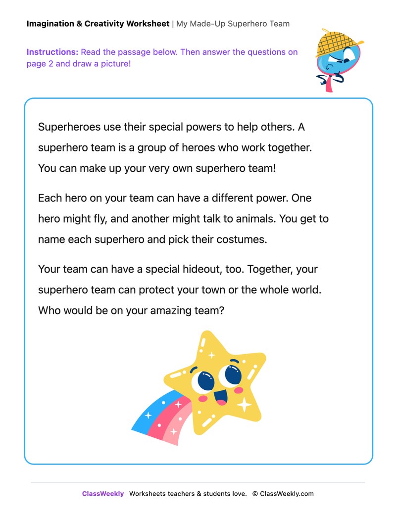 My Made-Up Superhero Team - Draw & Write Worksheet - Page 1