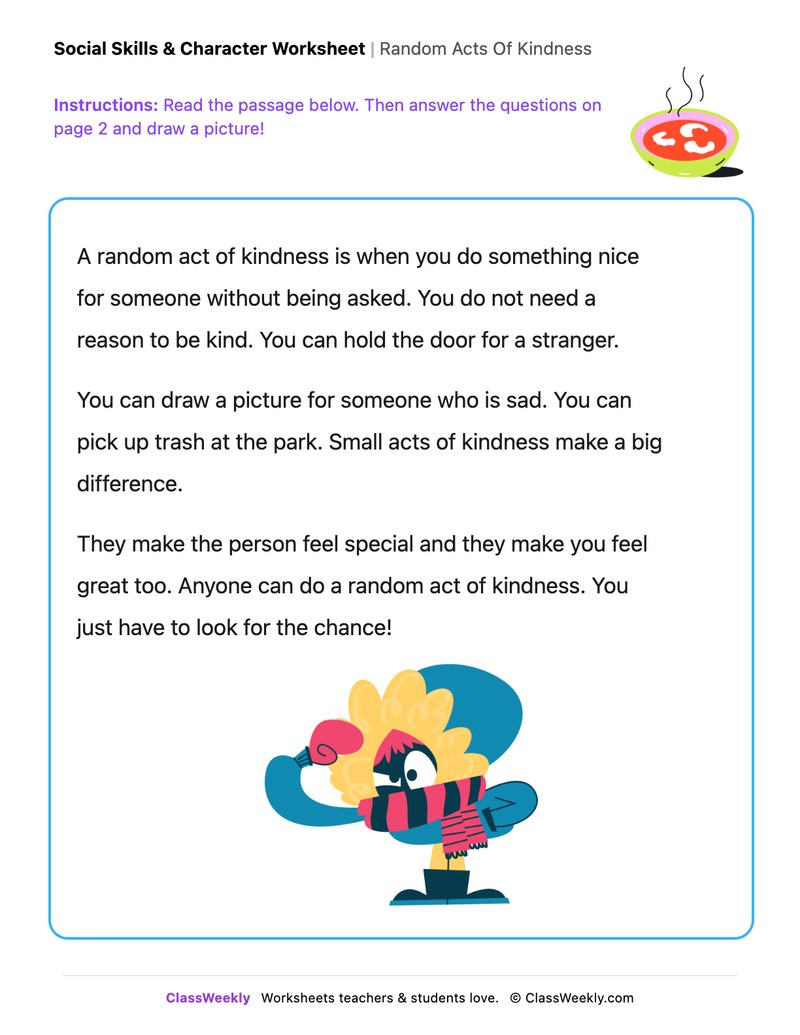 Random Acts Of Kindness - Draw & Write Worksheet - Page 1