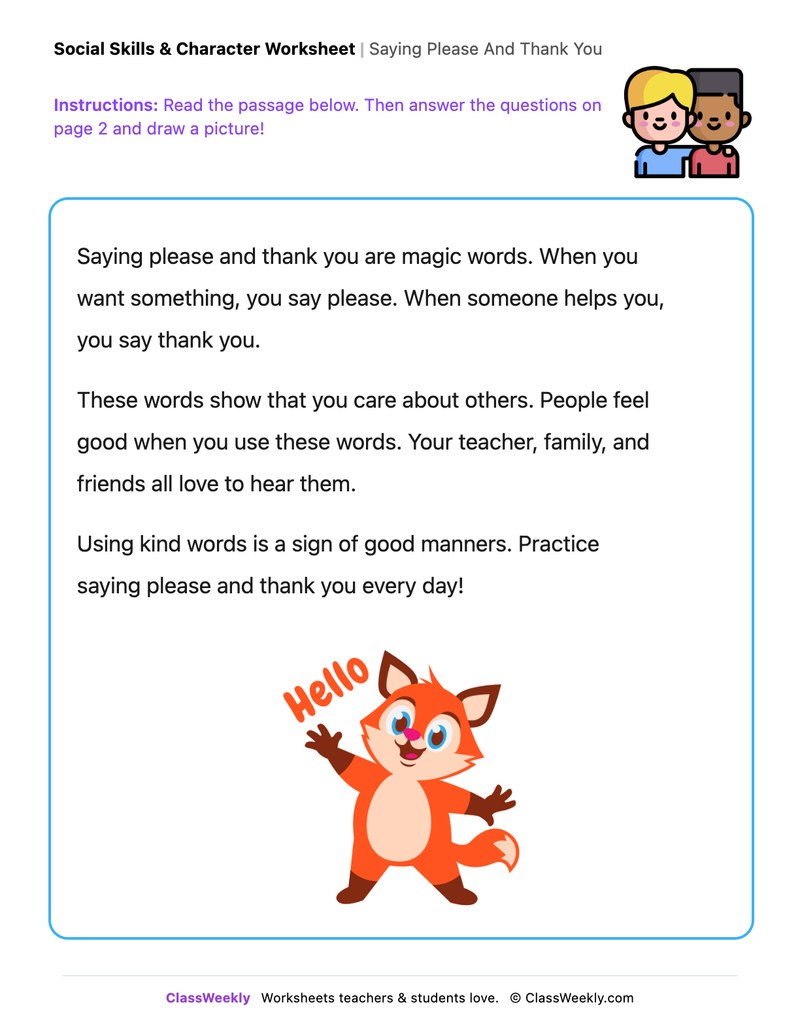 Saying Please And Thank You - Draw & Write Worksheet - Page 1