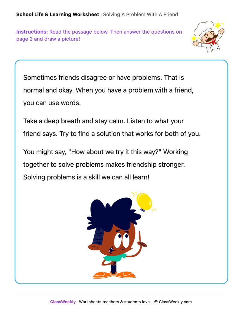 Solving A Problem With A Friend - Draw & Write Worksheet - Page 1
