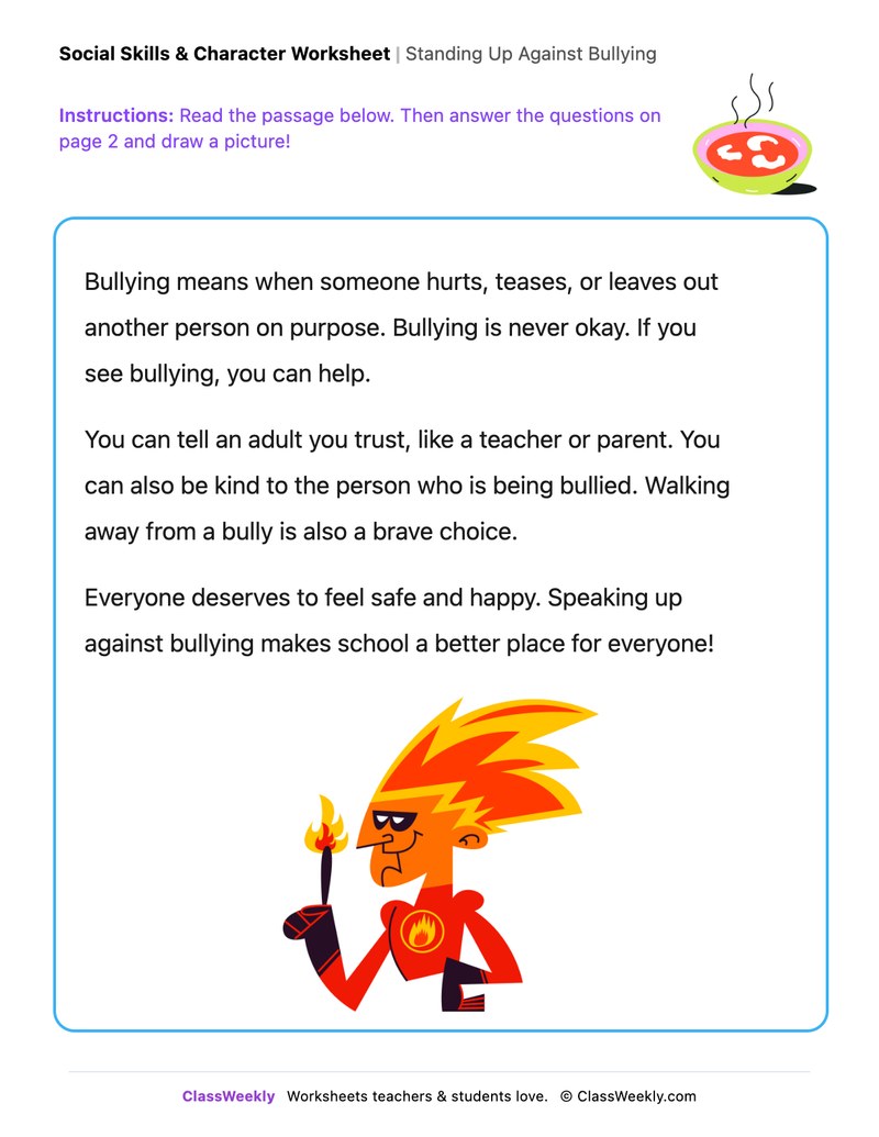 Standing Up Against Bullying - Draw & Write Worksheet
