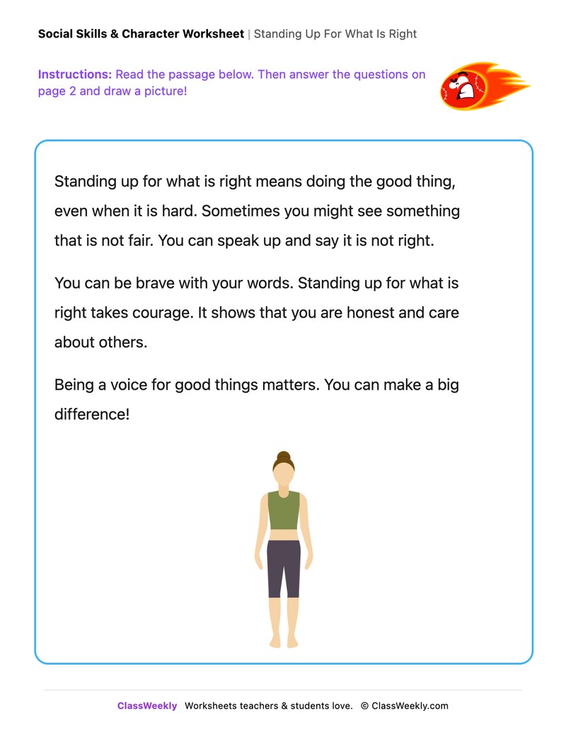 Standing Up For What Is Right - Draw & Write Worksheet - Page 1