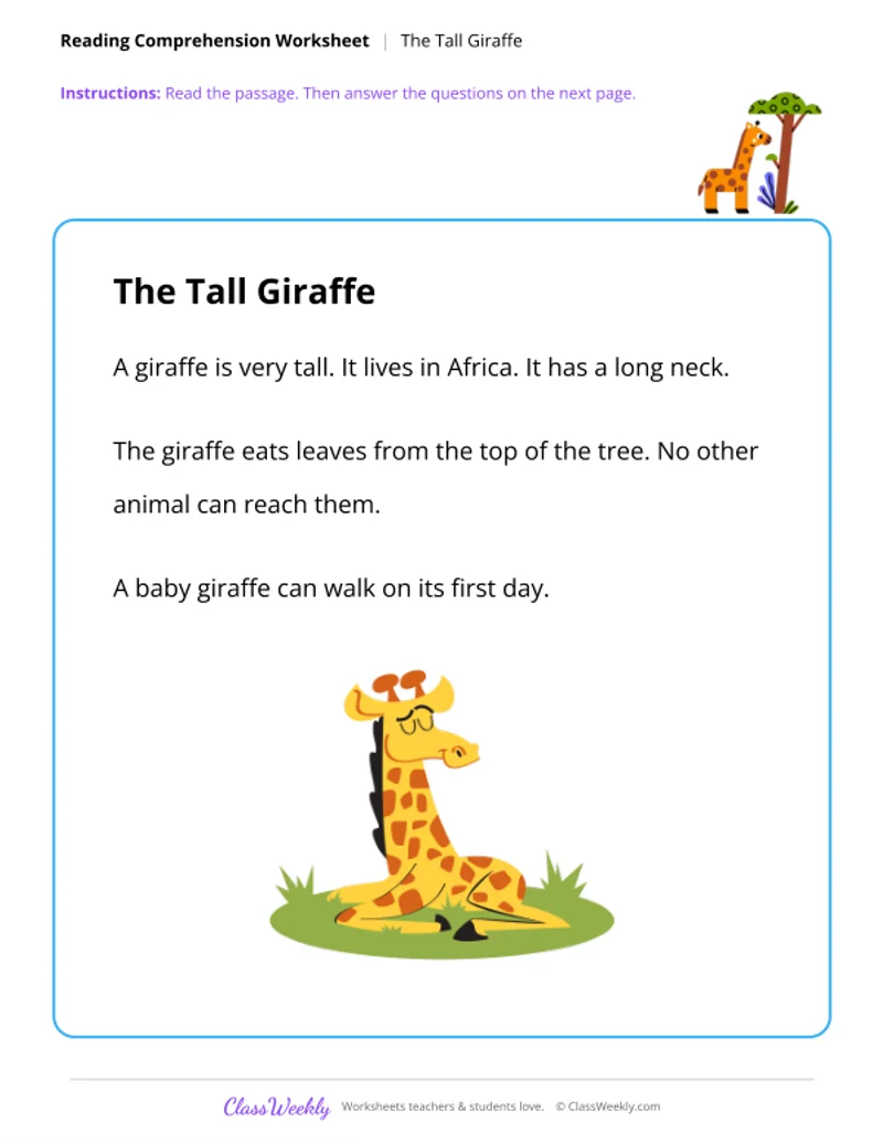 Reading Comprehension - The Tall Giraffe - Page 1