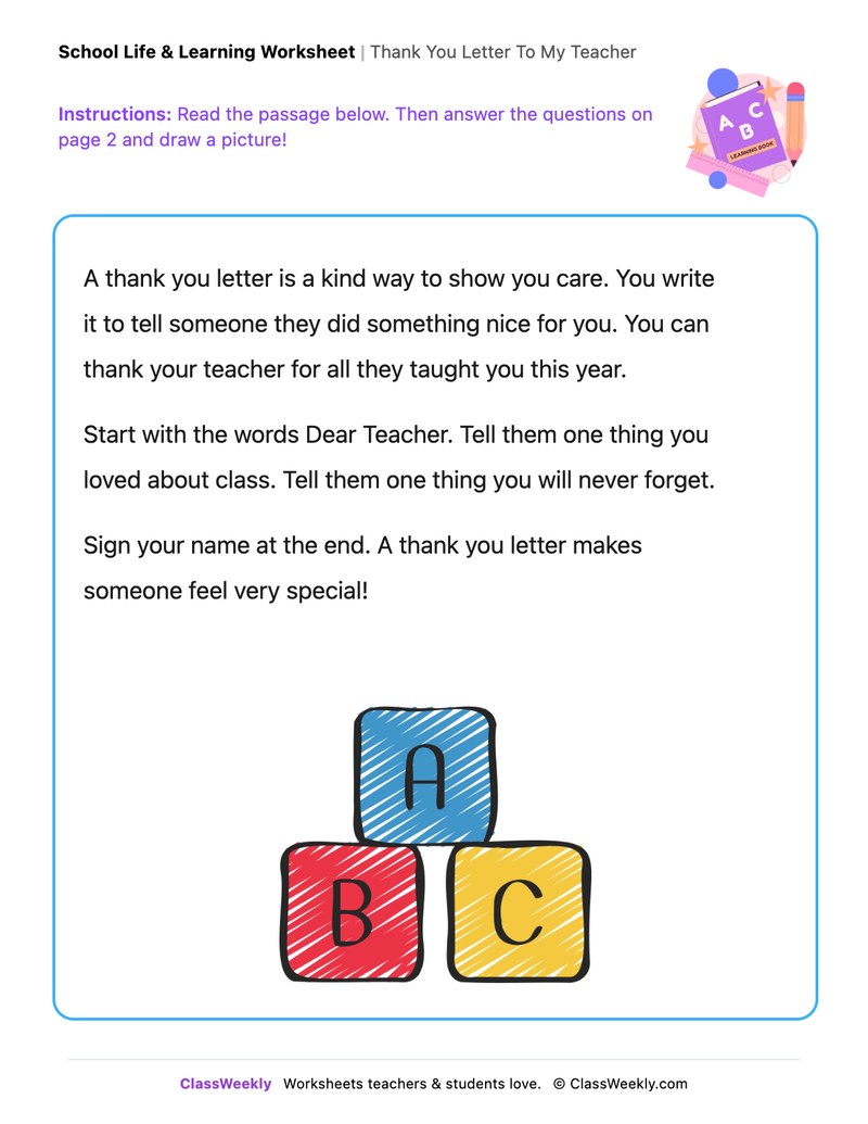 Thank You Letter To My Teacher - Draw & Write Worksheet - Page 1