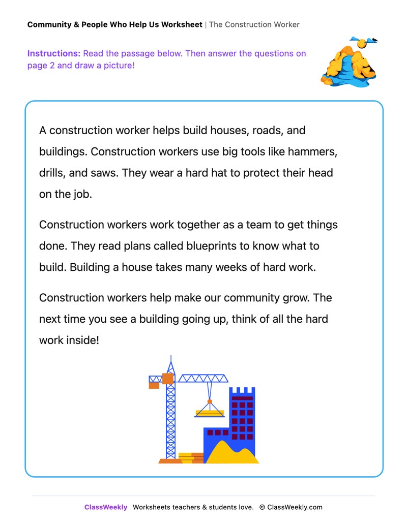 The Construction Worker - Draw & Write Worksheet - Page 1