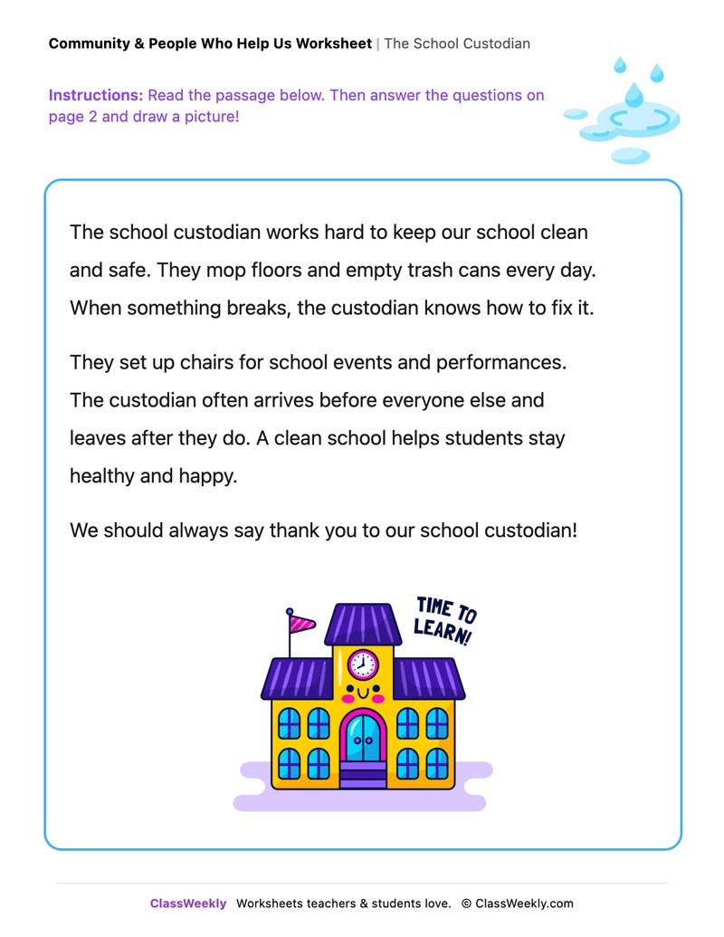 The School Custodian - Draw & Write Worksheet - Page 1