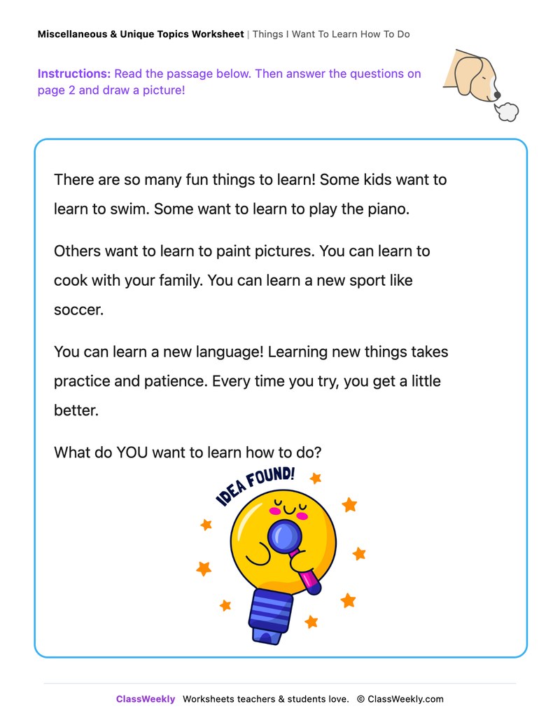 Things I Want To Learn How To Do - Draw & Write Worksheet - Page 1