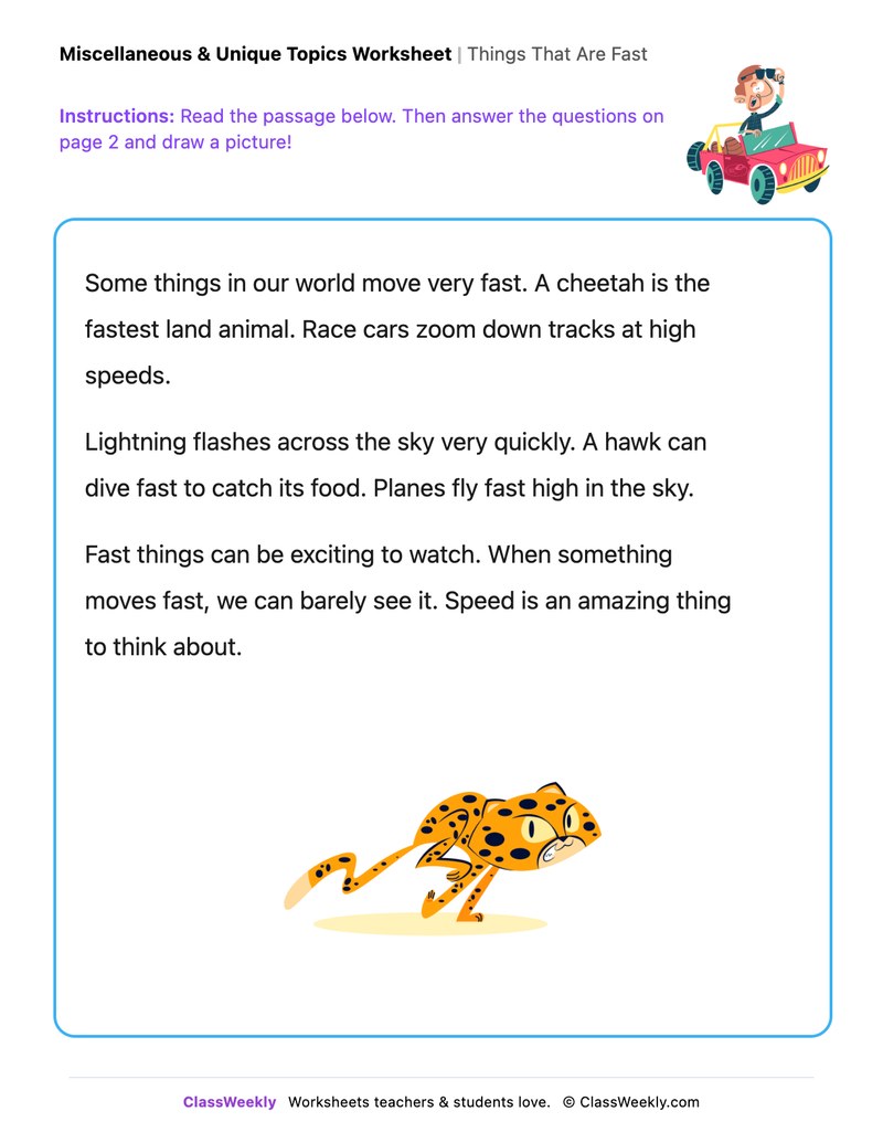 Things That Are Fast - Draw & Write Worksheet - Page 1