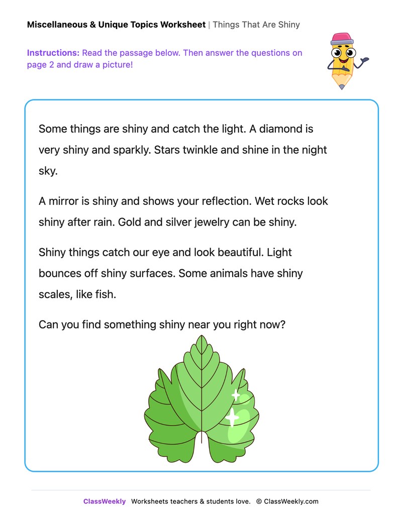 Things That Are Shiny - Draw & Write Worksheet - Page 1