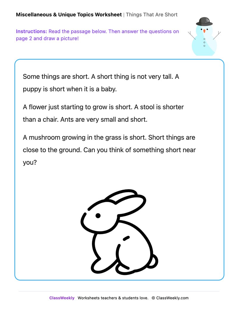 Things That Are Short - Draw & Write Worksheet - Page 1