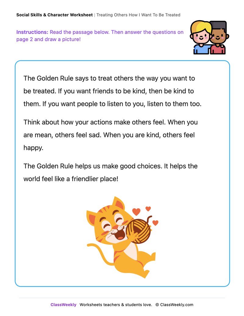 Treating Others How I Want To Be Treated - Draw & Write Worksheet - Page 1