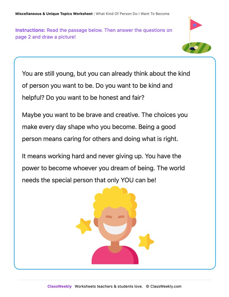 What Kind Of Person Do I Want To Become - Draw & Write Worksheet - Page 1