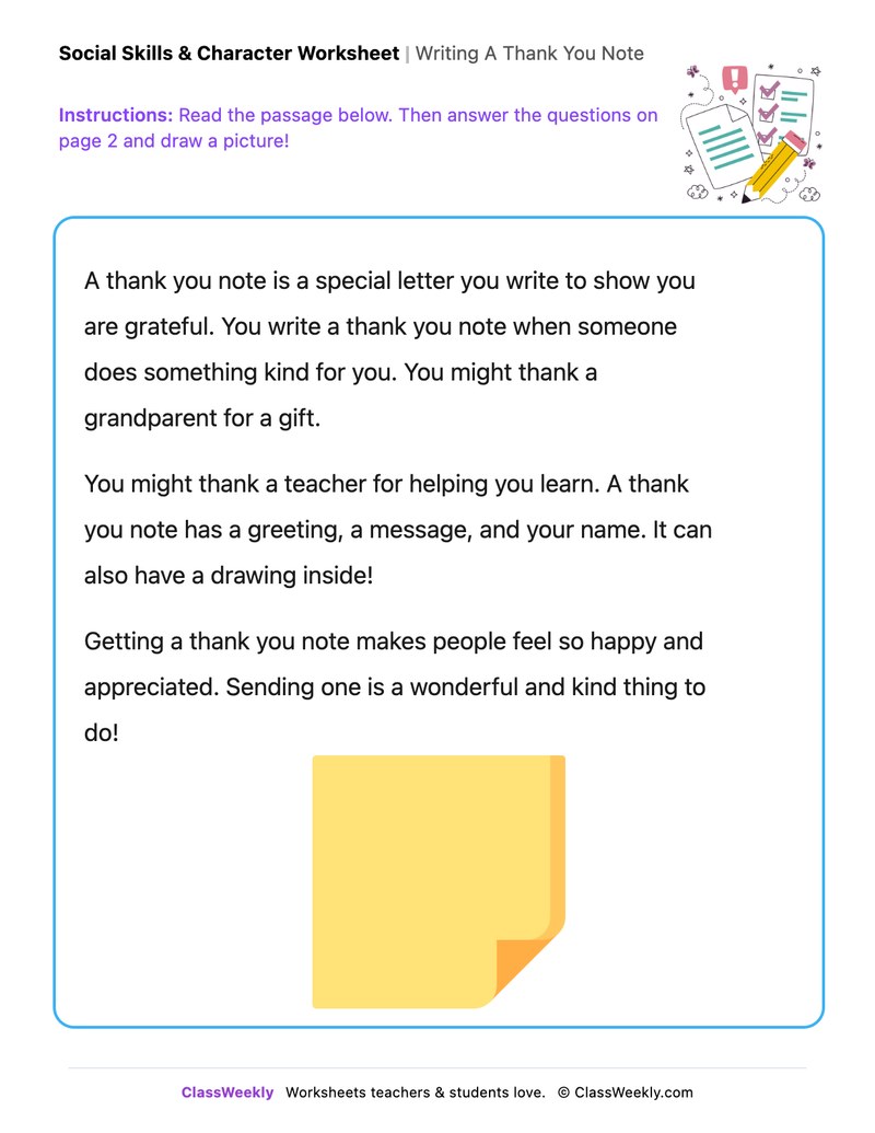 Writing A Thank You Note - Draw & Write Worksheet - Page 1