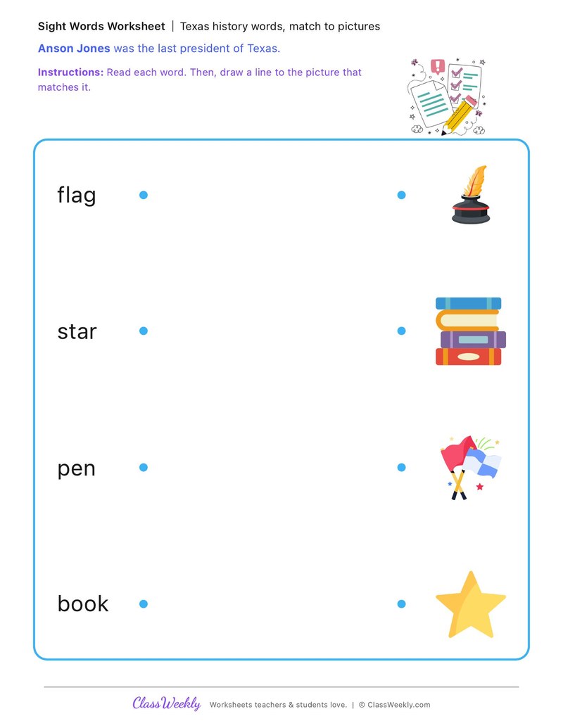 Texas history words, match to pictures - Anson Jones