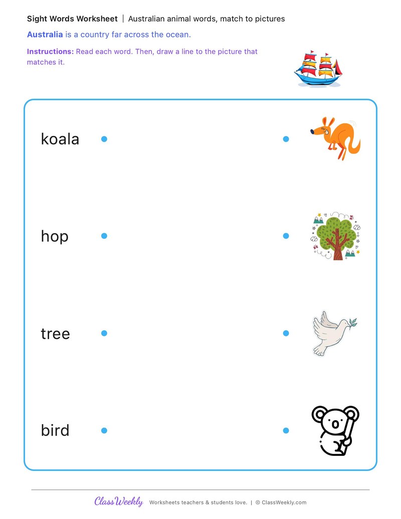 Australian animal words, match to pictures - Australia Day / ANZAC Day / Sorry Day