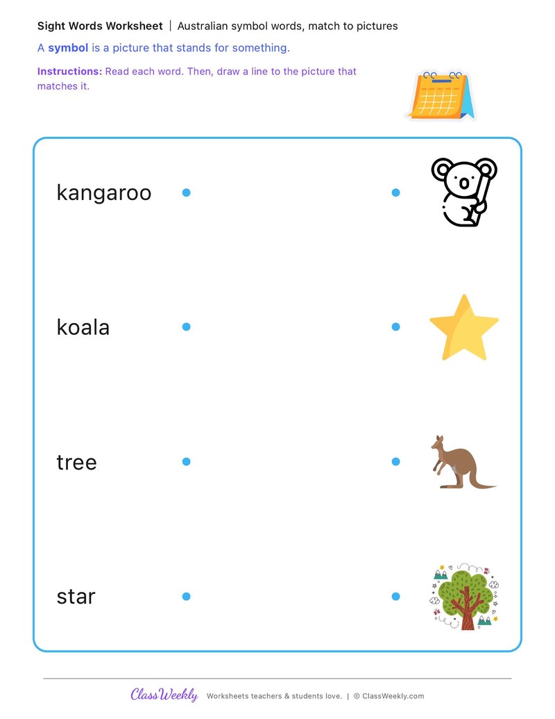 Australian symbol words, match to pictures - Australia's Identity, Celebrations and Commemorations