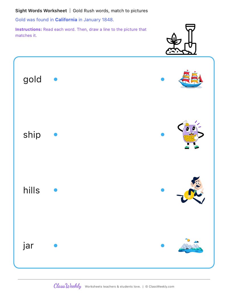 Gold Rush words, match to pictures - California Gold Rush