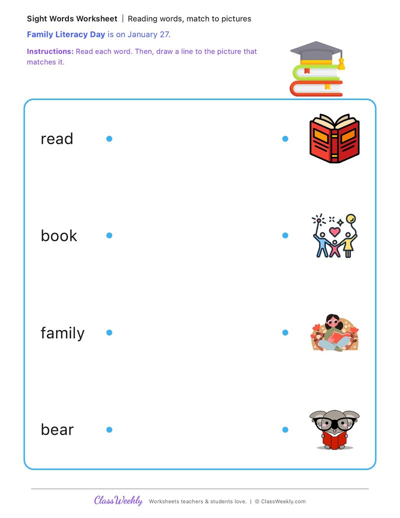 Reading words, match to pictures - Family Literacy Day