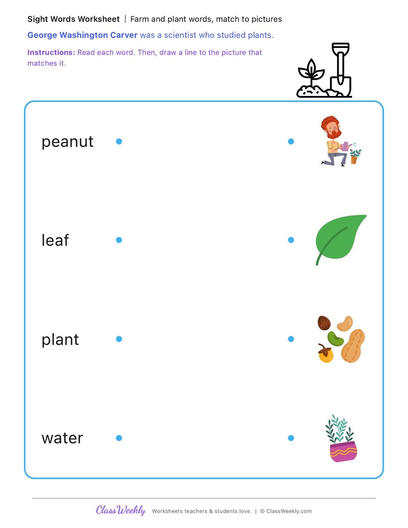 Farm and plant words, match to pictures - George Washington Carver