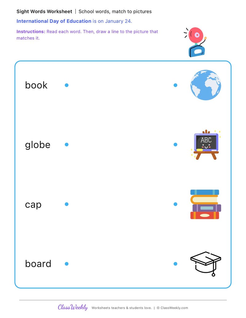 School words, match to pictures - International Day of Education