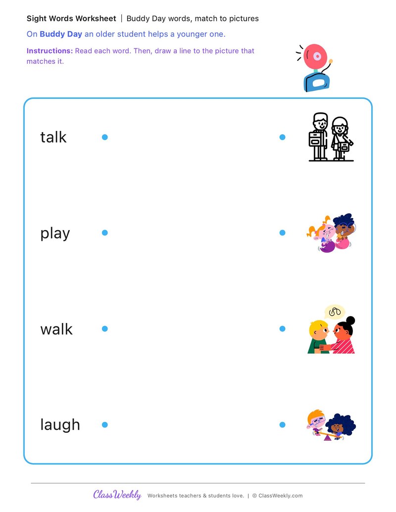Buddy Day words, match to pictures - Kindergarten Buddy Day