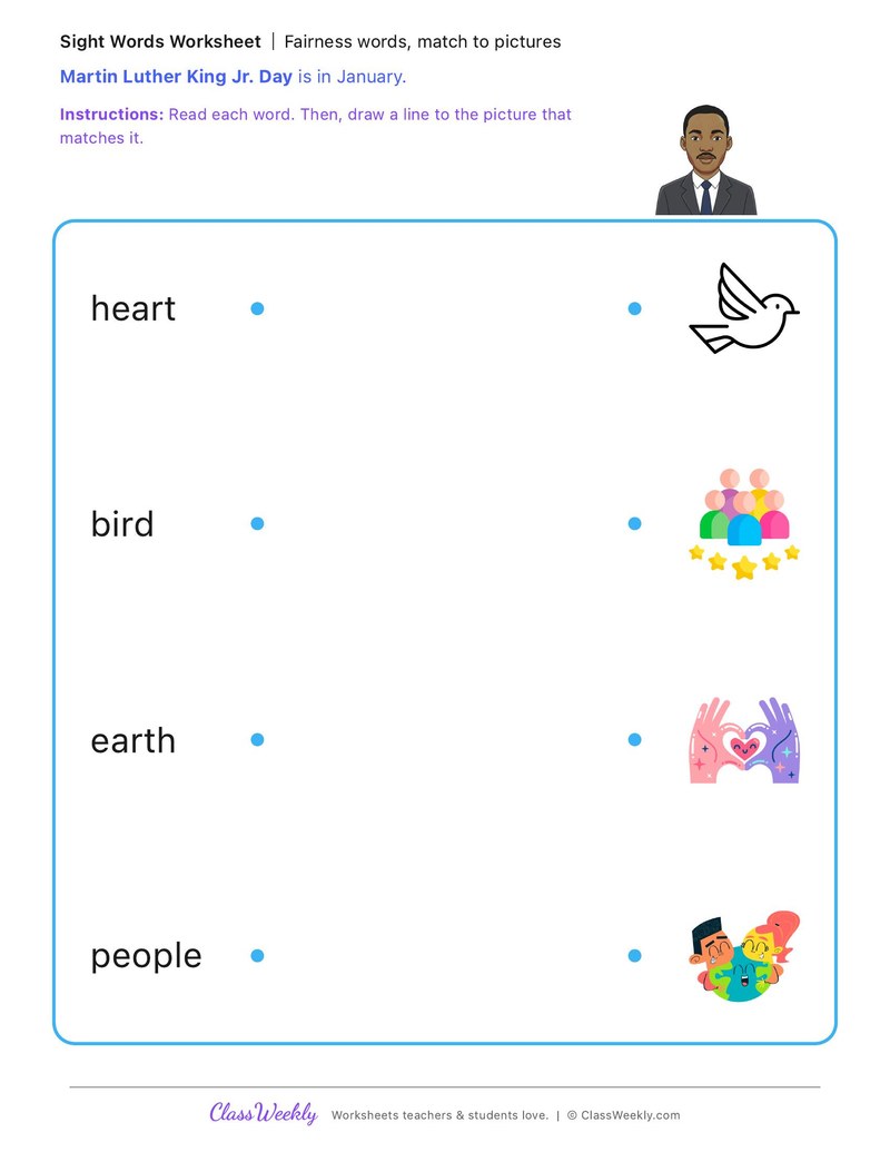 Fairness words, match to pictures - MLK Day / Black History Month