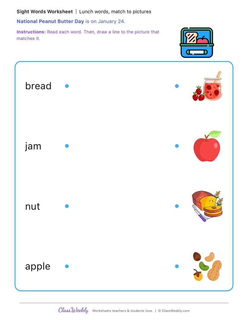 Lunch words, match to pictures - National Peanut Butter Day