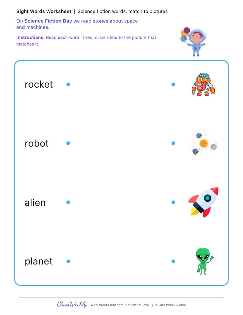 Science fiction words, match to pictures - National Science Fiction Day