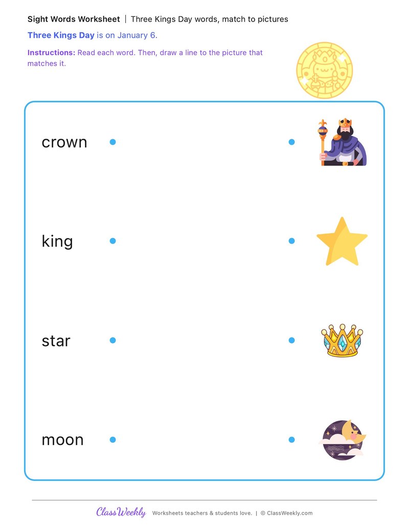 Three Kings Day words, match to pictures