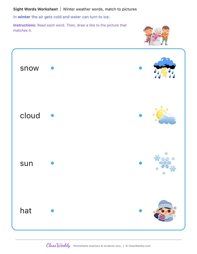 Winter weather words, match to pictures - Winter Science & Weather