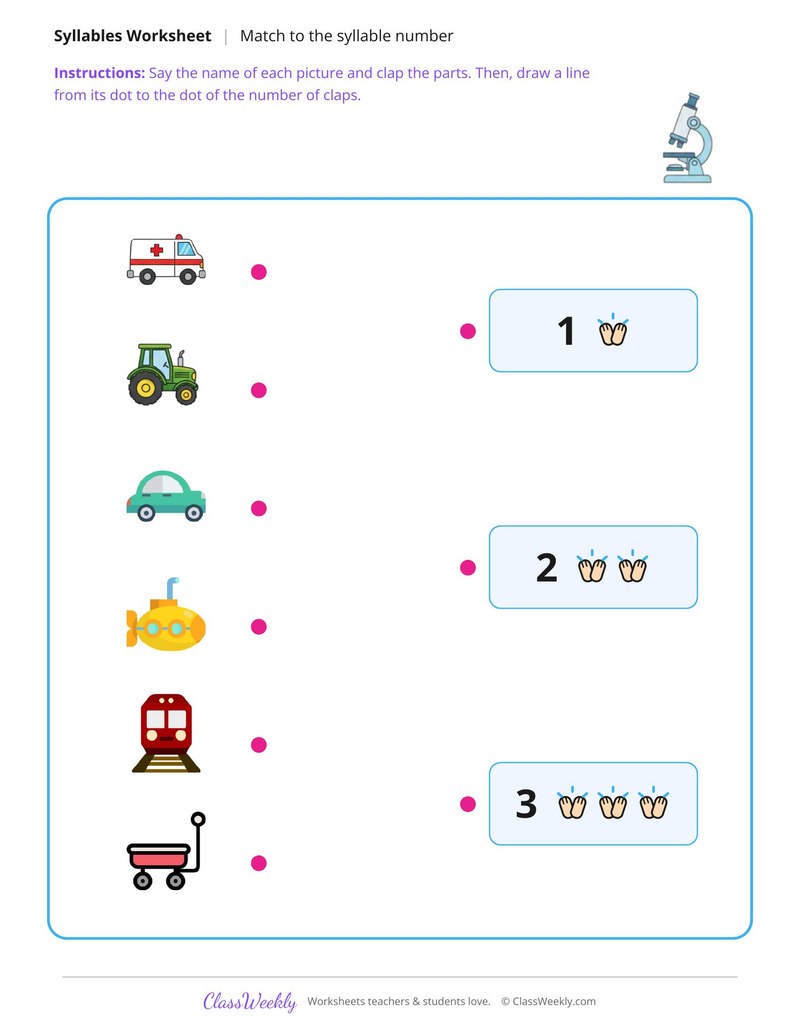 Match Each Picture to Its Syllable Number