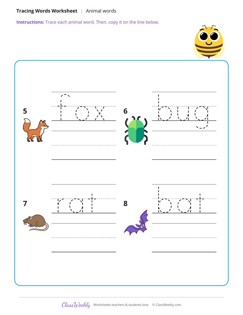 Trace and Write Animal Words