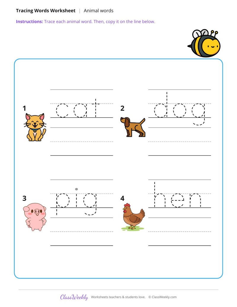 Trace and Write Animal Words - Page 1