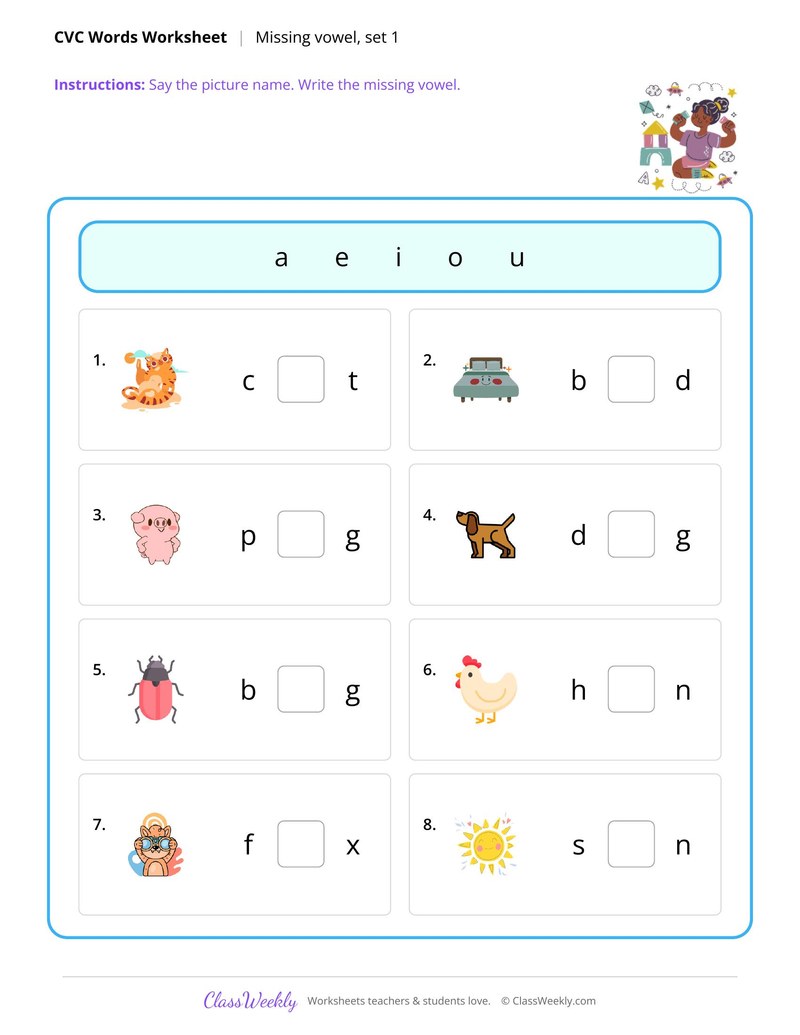 CVC words, missing vowel set 1