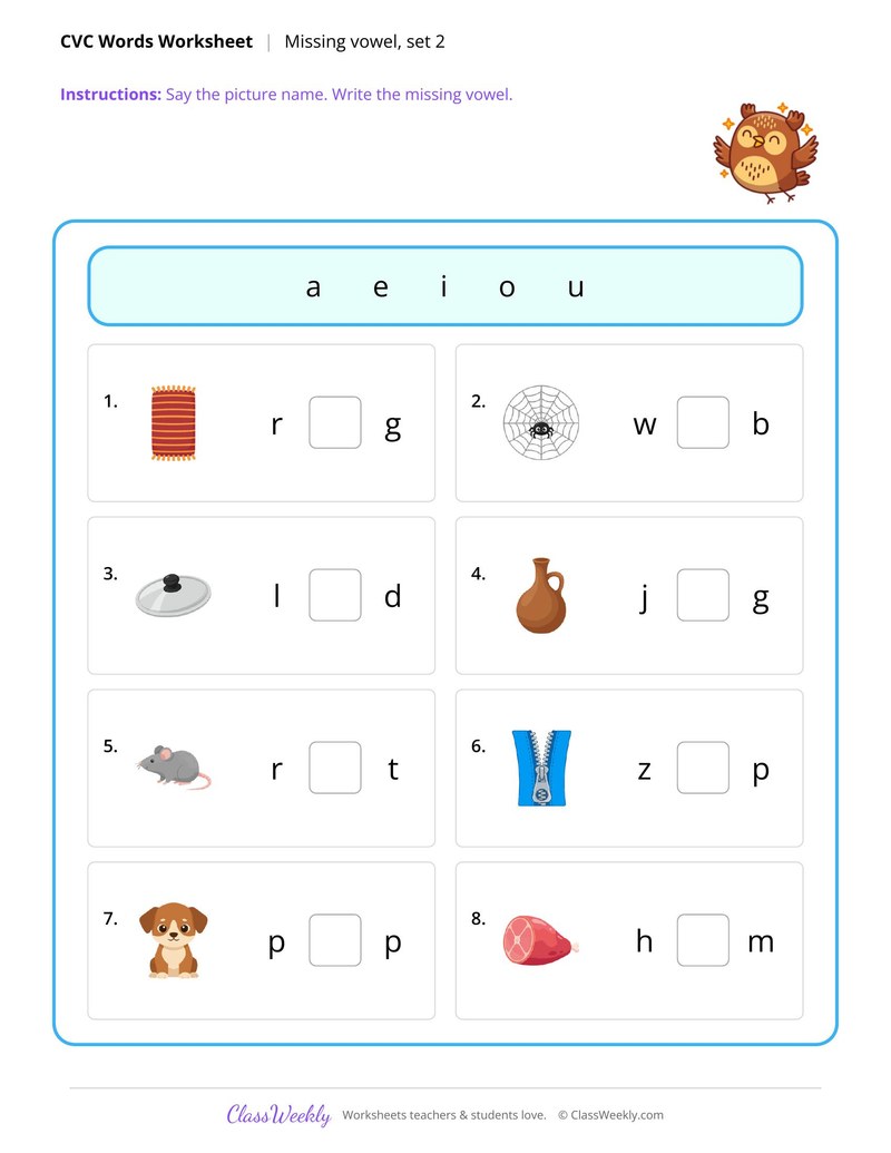 CVC words, missing vowel set 2