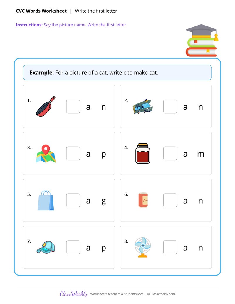 CVC words, write the first letter