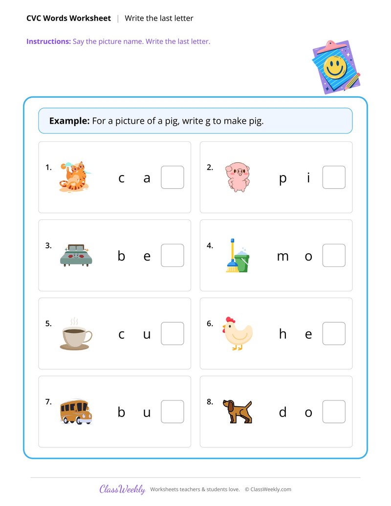 CVC words, write the last letter