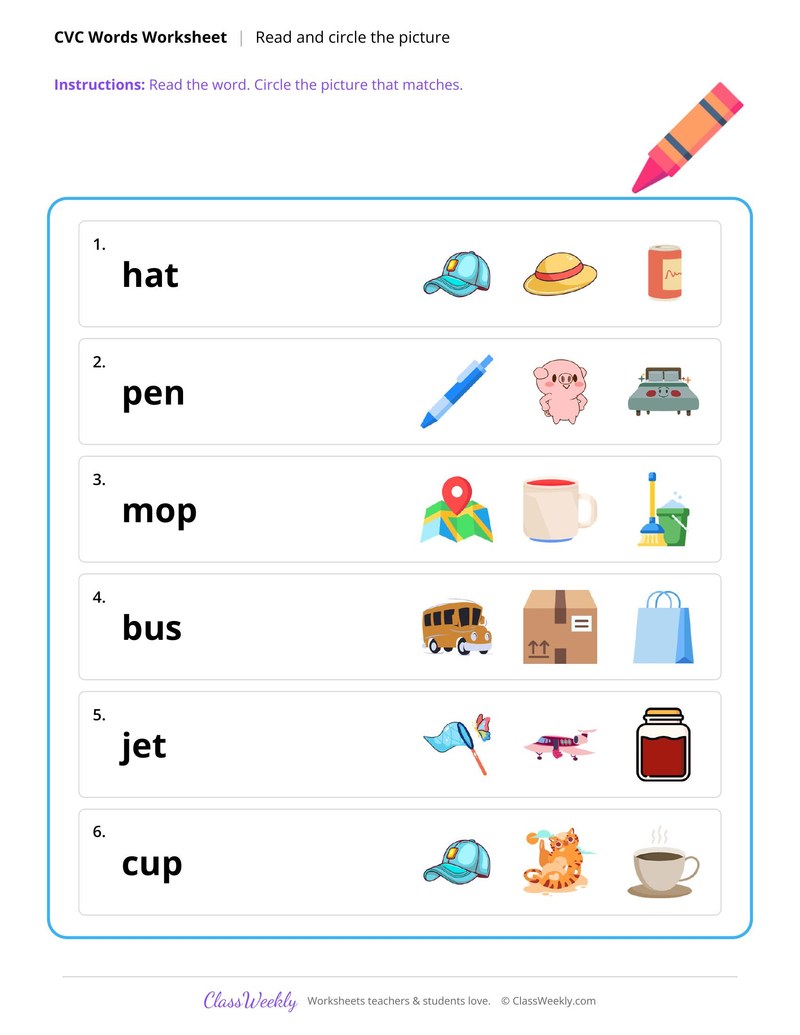 Read the CVC word and circle the picture