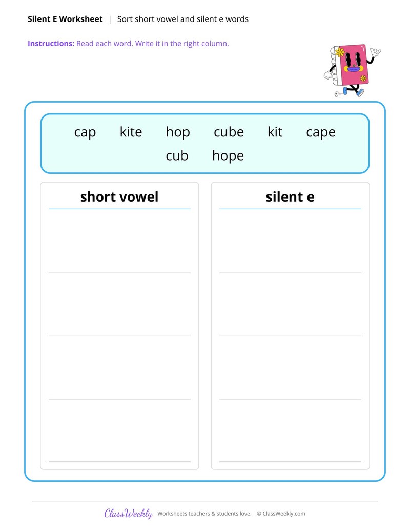 Sort short vowel and silent e words