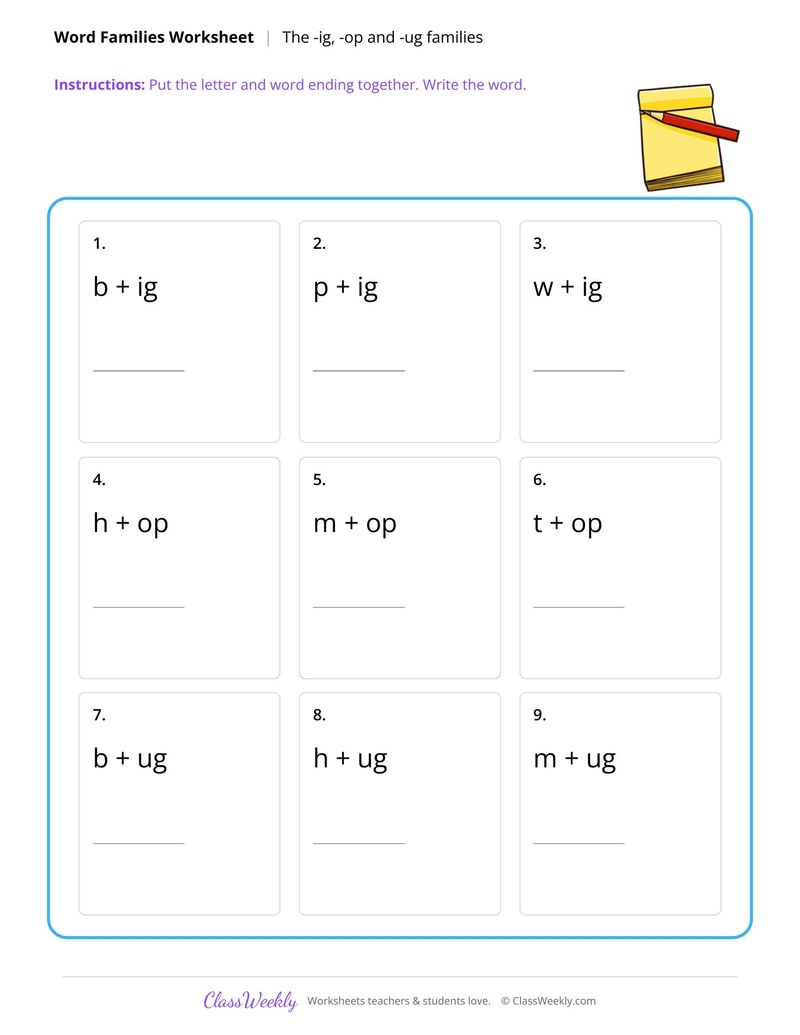 The -ig, -op and -ug word families