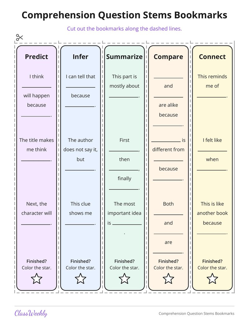 Comprehension Question Stems Bookmarks