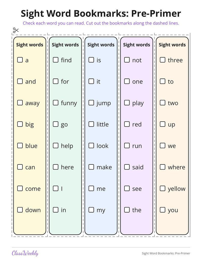 Sight Word Bookmarks: Pre-Primer