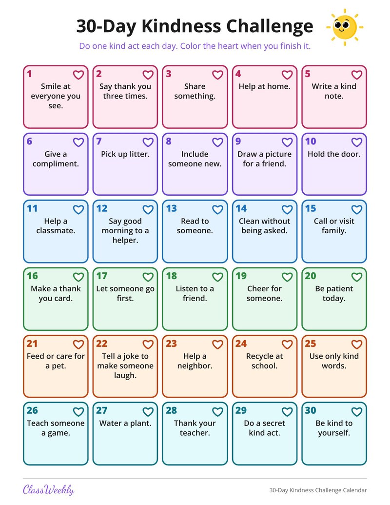 30-Day Kindness Challenge Calendar