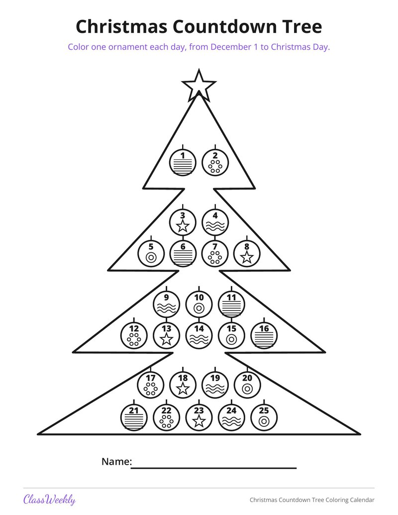 Christmas Countdown Tree Coloring Calendar - Page 1