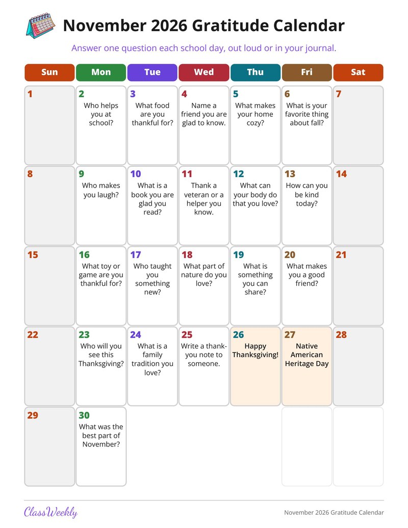 November 2026 Gratitude Calendar