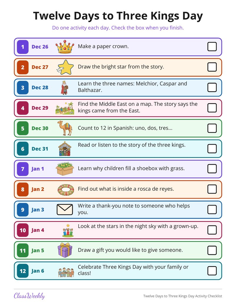 Twelve Days to Three Kings Day Activity Checklist