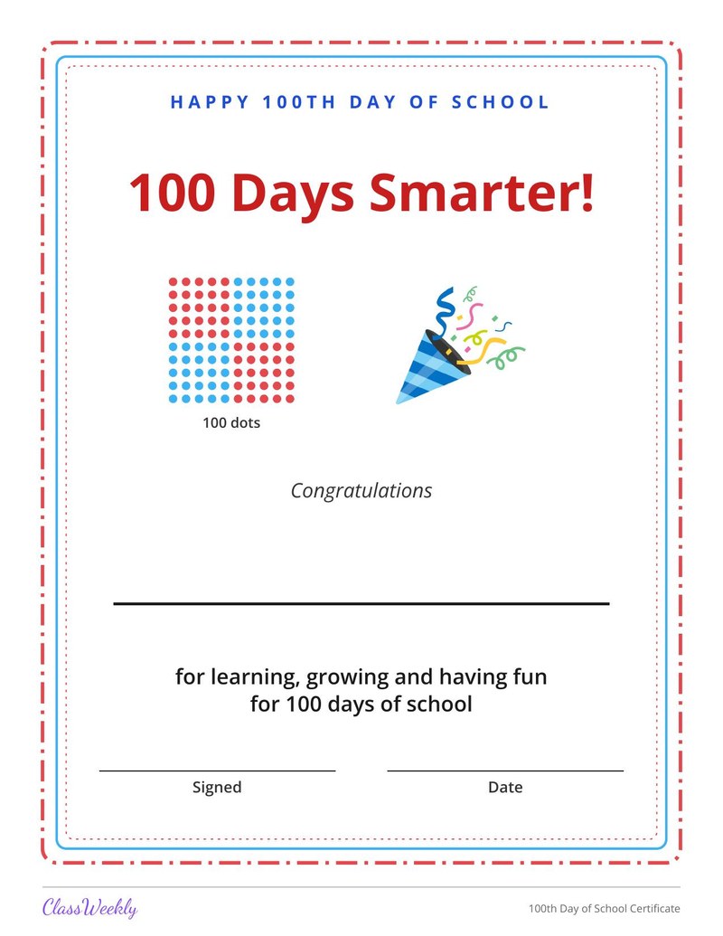 100th Day of School Certificate